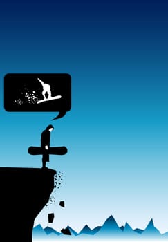 Man with snowboard with thoughts of flight.