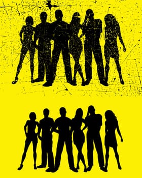 Silhouette of a group of friends - one set with grunge effect added.
