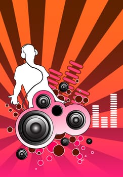Design piece with a DJ and various musical elements including speakers.
