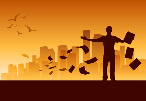 A man  on top of the city with paperwork flying away
