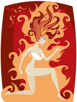 Woman in movement with wildfire hair - on a background of flames