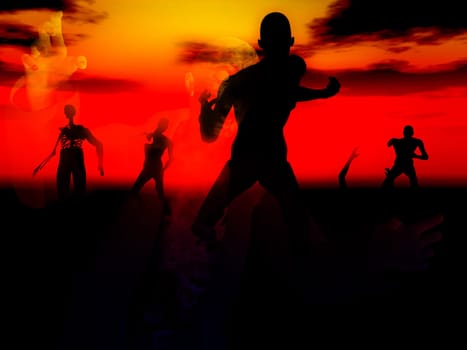 A set of zombies emerging from the ground with a atmospheric background.