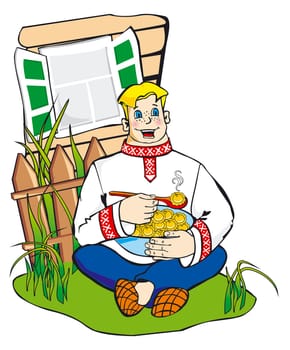 russian boy to sit at hillock and eat ravioli at house
