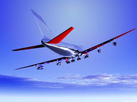 A plane flying high in the sky.