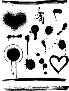 Various grunge design elements, hearts, splats, drips, stains etc.