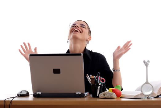 Pretty young businesswoman with notebook, working