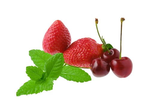 Fresh strawberry, cherry and mint isolated on white background