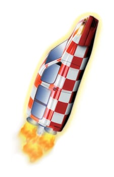 tintin rocket taking off with red flammes