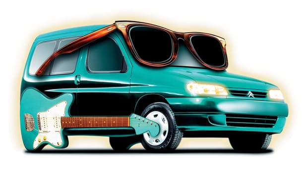 green rock and roll car with guitar and sun glasses