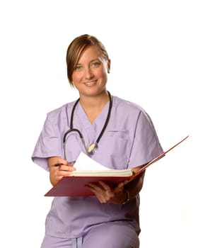 a nurse looks up from her notes against white