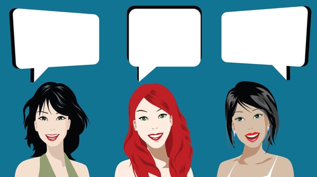 illustration of three women chatting over blue background