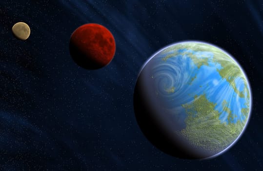 detailed earth mars and uranus on space with stars