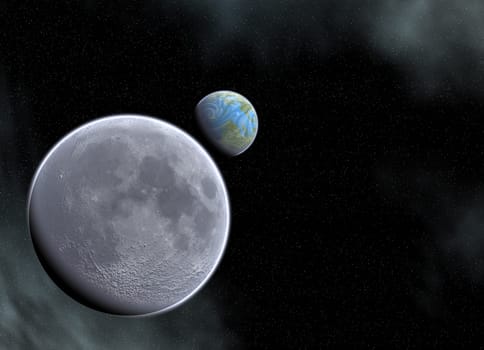 detailed moon and earth , nebula and stars