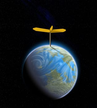earth on the space with direction signs top of it