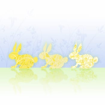 a series of three stylizated easter bunnies on a pastel reflection surface, with tender spring motifs