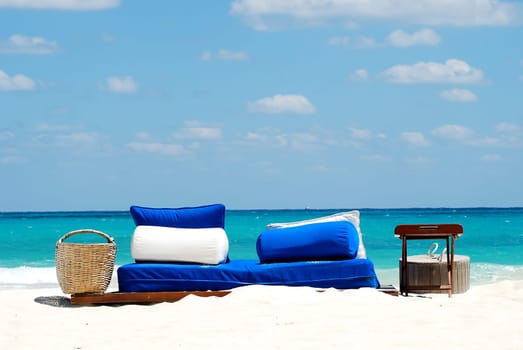 blue seat at white beach
