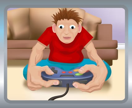 A boy playing on a games console.