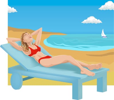 A woman sunbathing on a beach.