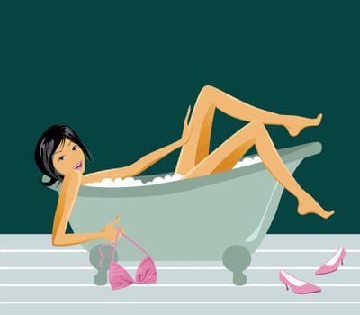 illustration of a woman bathing in a vintage bathtub