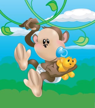 A cute baby monkey swinging through the trees
