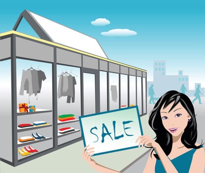Detailed illustration of a shop and sale girl