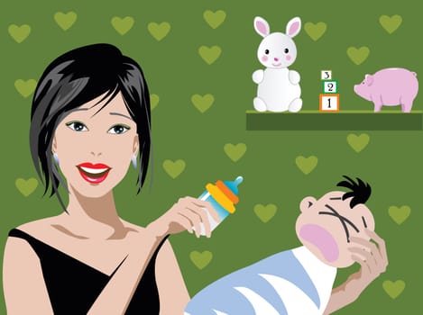 illustration of mom holding baby toys on the wall