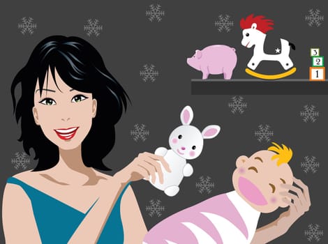 illustration of mom holding baby toys on the wall