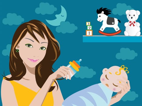 illustration of mom holding baby toys on the wall
