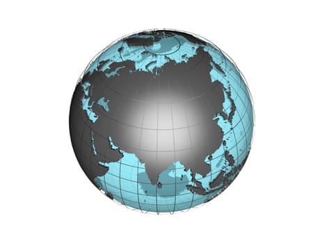3D model of globe map showing the Asian continent, with meridians and semi-transparent oceans, on white background with clipping path attached to jpg file