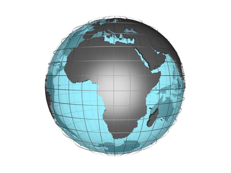 3D model of globe map showing Africa continent, with meridians and semi-transparent oceans, on white background with clipping path attached to jpg file
