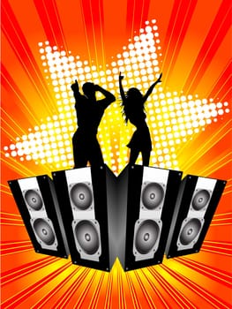 Silhouette of a dancing couple on a funky background