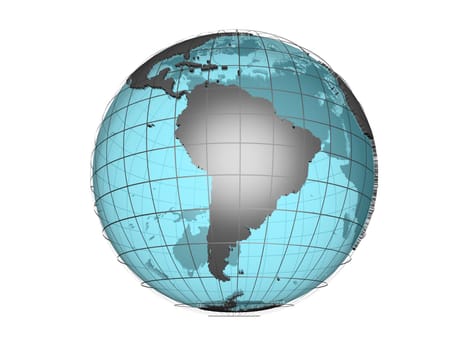 3D model of globe map showing South American continent, with meridians and semi-transparent oceans, on white background with clipping path attached to jpg file