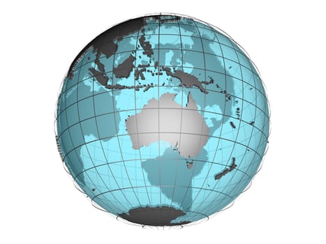 3D model of globe map showing Australian and Oceania continent, with meridians and semi-transparent oceans, on white background with clipping path attached to jpg file