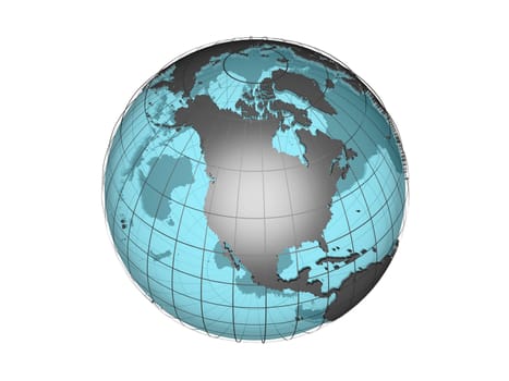 3D model of globe map showing North American continent, with meridians and semi-transparent oceans, on white background with clipping path attached to jpg file