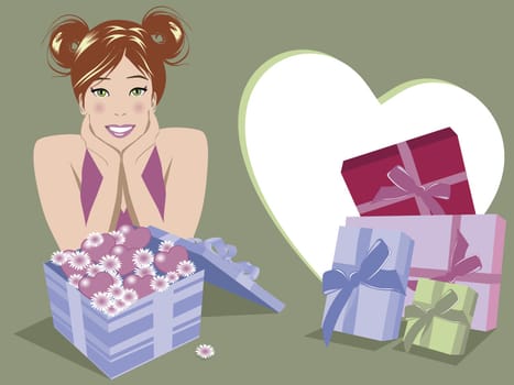 Illustration of woman with lots of gifts, boxes and flowers