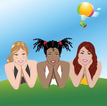 Illustration of  three girls sitting in a park