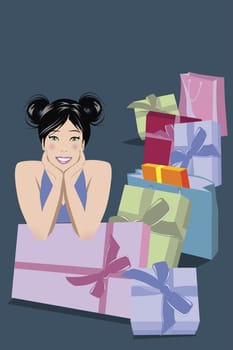 Illustration of woman with lots of gifts, boxes and flowers