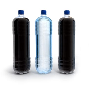Plastic bottles of water and cola over white background