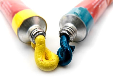 tubes of artists paint  on white ground  differential focus