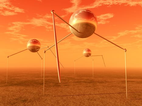 An image of a set of technological alien tripod transportation invasion vehicle's against a sky background.