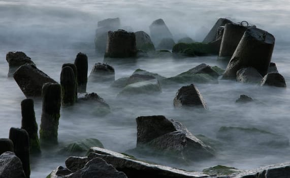 Baltic Sea, 2005, the shore and wave-braking concrete blocks. 2 sec. exposition, taken in the evening.