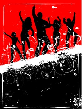 Silhouettes of people dancing on decorative grunge background