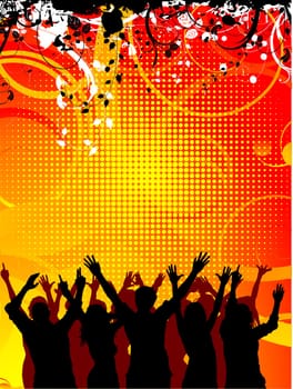 Silhouettes of people dancing on decorative grunge background