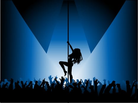 Silhouette of a pole dancer dancing in front of a crowd