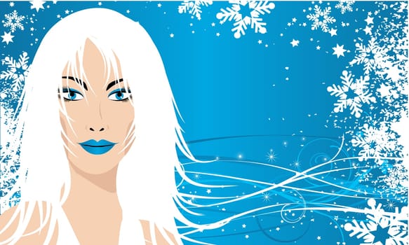 Stylised illustration of a females face on a wintry background