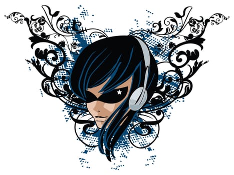 Girl with headphones on grunge floral banner