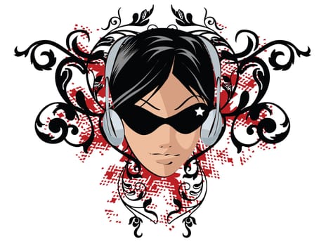 Girl with headphones on grunge floral banner