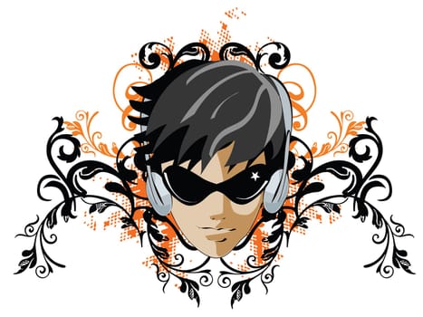 Girl with headphones on grunge floral banner