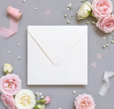 Paper envelope between light pink roses and silk ribbons on grey top view, wedding mockup. Romantic scene with square envelope and pastel flowers flat lay. Valentines, Spring or Mothers day concept
