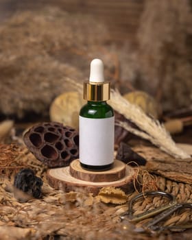 Green glass dropper bottle on wood near natural boho decorations close up, cosmetics label mockup. Eco friendly Skincare beauty product, serum or essence. Bohemian composition with dried leaves and flowers.